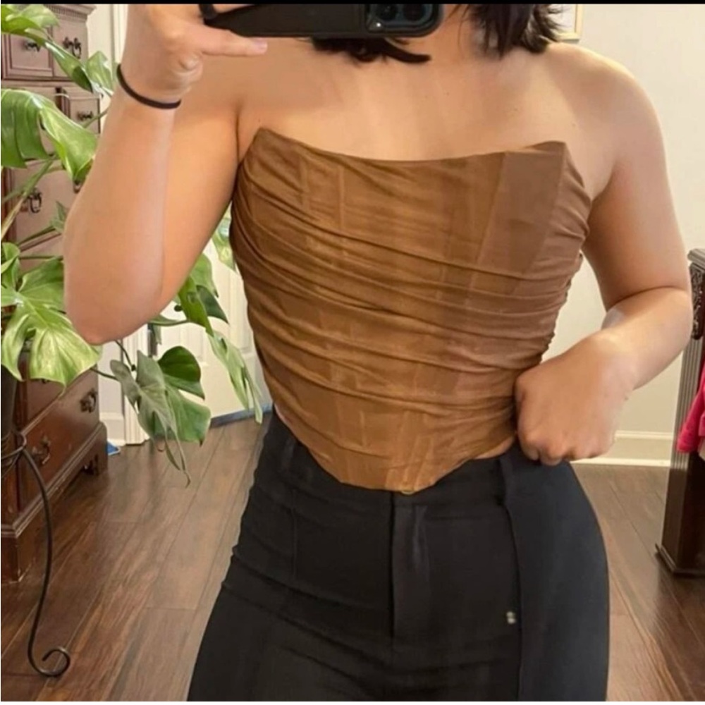 Brown ruched mesh corset top
